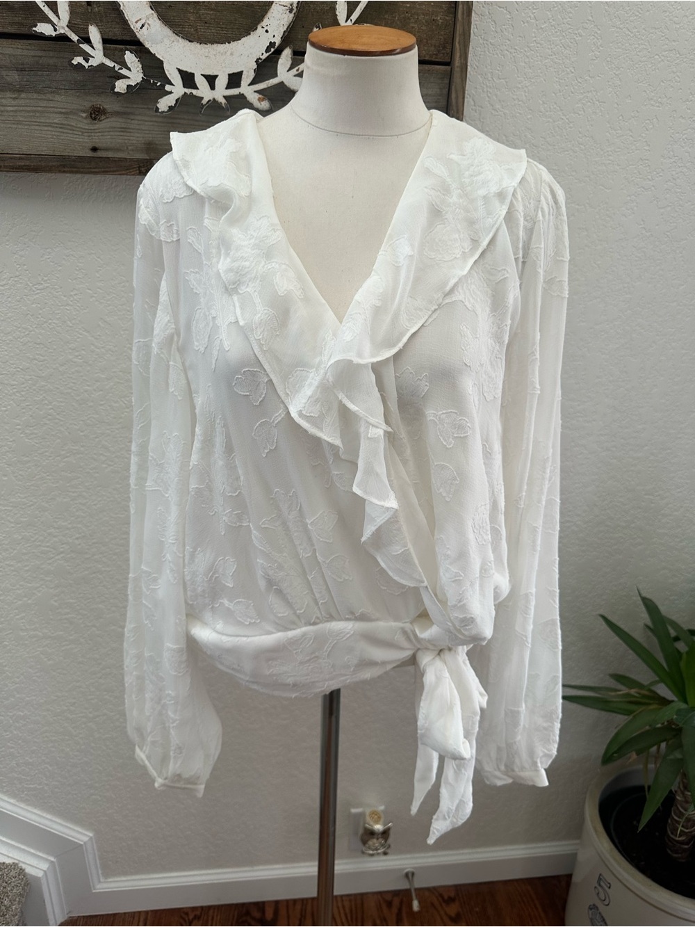 Anthropologie white ruffle faux wrap long sleeve blouse top size XL NWT
